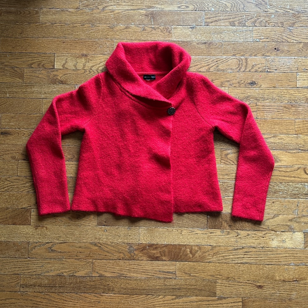Adrienne Vittani Red Cowl Neck Cropped Marilyn Sweater with Statement Button
